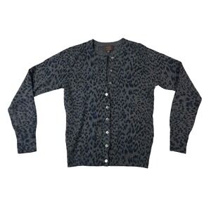 Pure Collection 100% Cashmere Leopard Print Cardigan Gray Black Sz 2 Minimalist